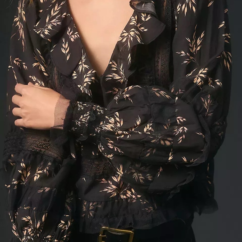 Anthopologie Black Floral Blouse with Ruffle Details
